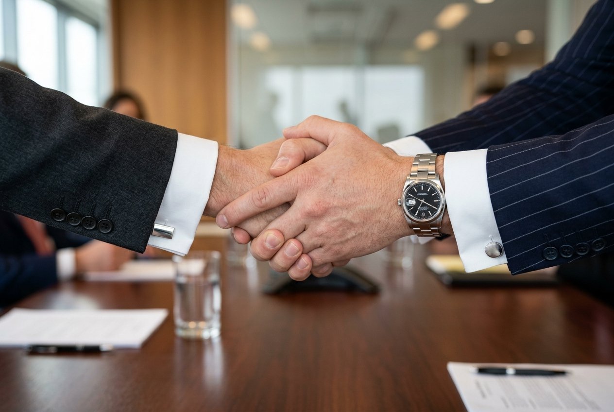 Attorneys collaborating and shaking hands